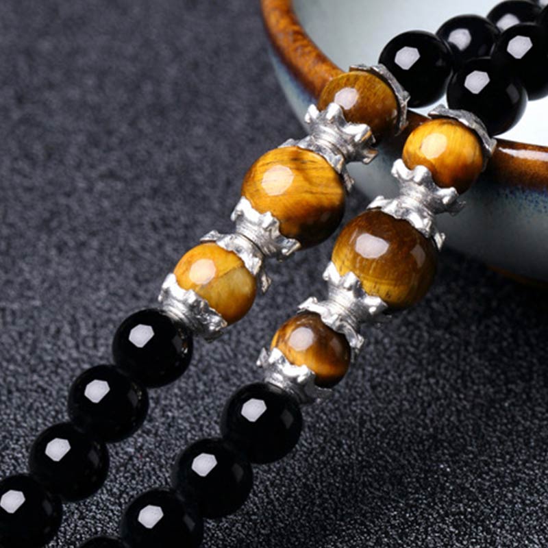 6mm Black Obsidian & Tiger Eye Mala Bracelet for Protection