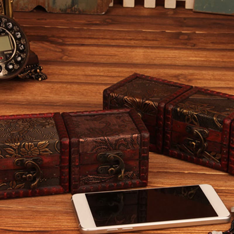 Retro Small Square Wood Jewelry Box with Lotus Design