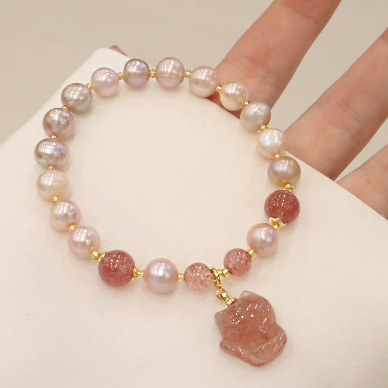 Natural Pearl Strawberry Quartz Healing Charm Bracelet