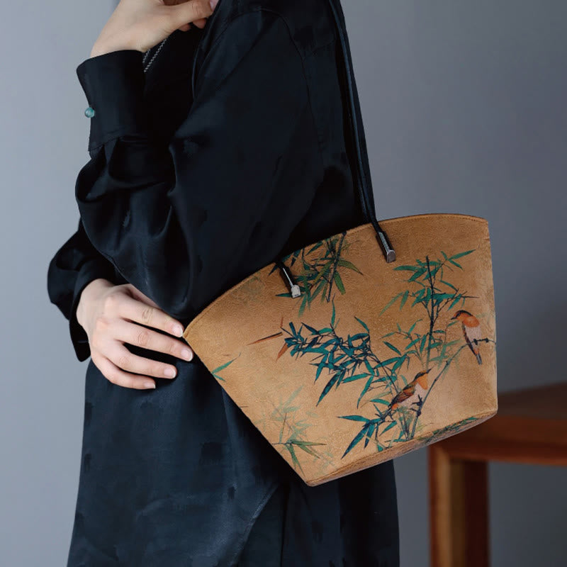 Vintage Bamboo Magpie Large Capacity Shoulder Bag with Peony Butterfly