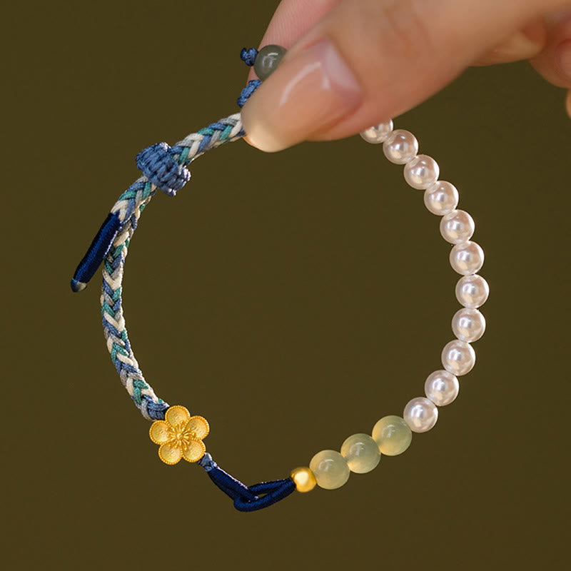 Sterling Silver Hetian Jade Luck Bracelet with Peach Blossom & Pearls