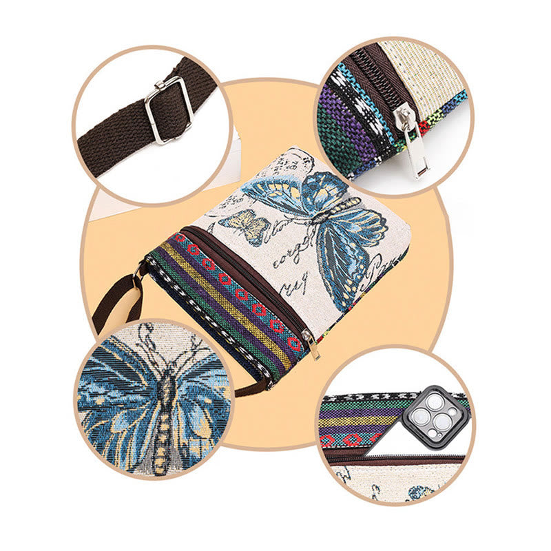 Sac fourre-tout spirituel en toile brodée avec motif éléphant et papillon