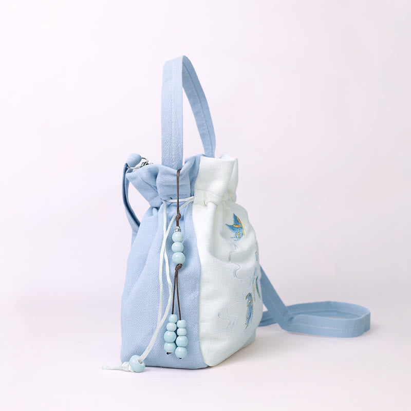 Sac fourre-tout en coton et lin brodé motif papillon et lotus 20 cm