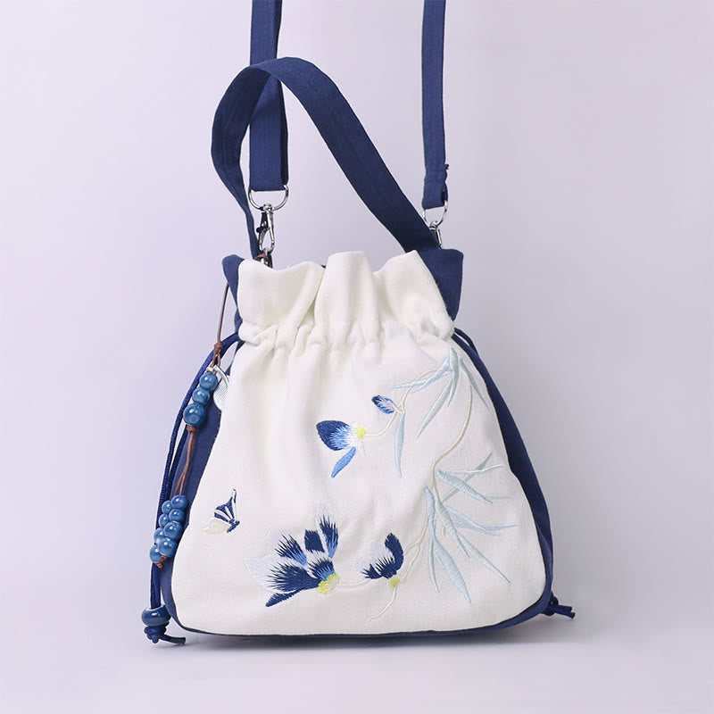 Sac fourre-tout en coton et lin brodé motif papillon et lotus 20 cm