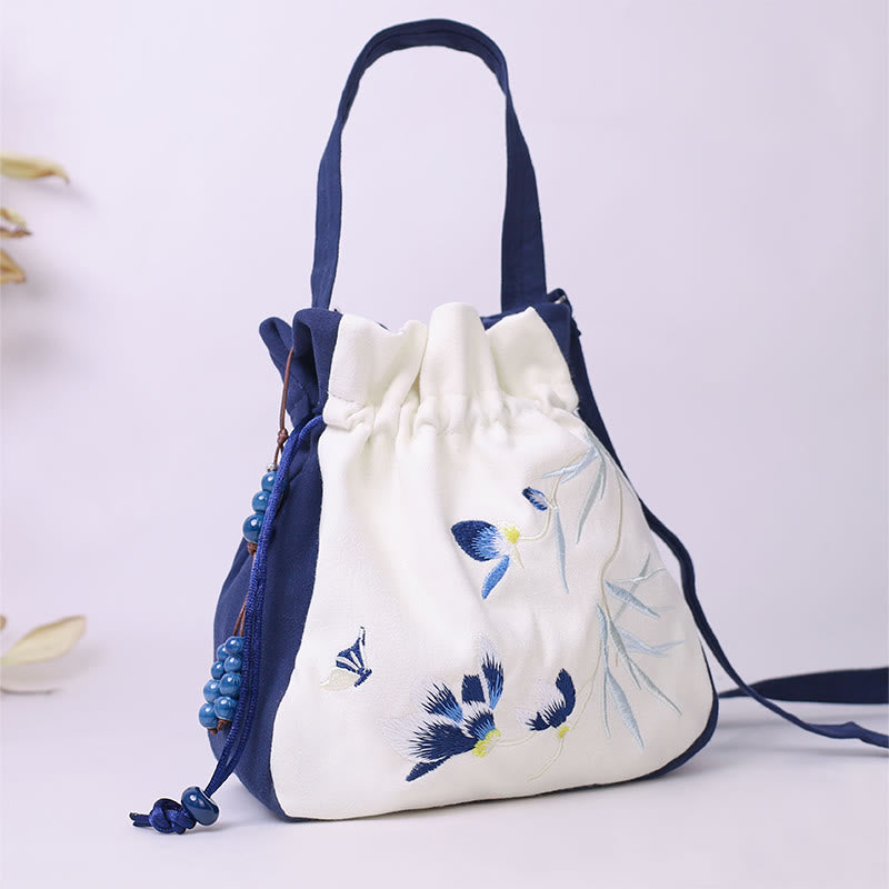 Sac fourre-tout en coton et lin brodé motif papillon et lotus 20 cm