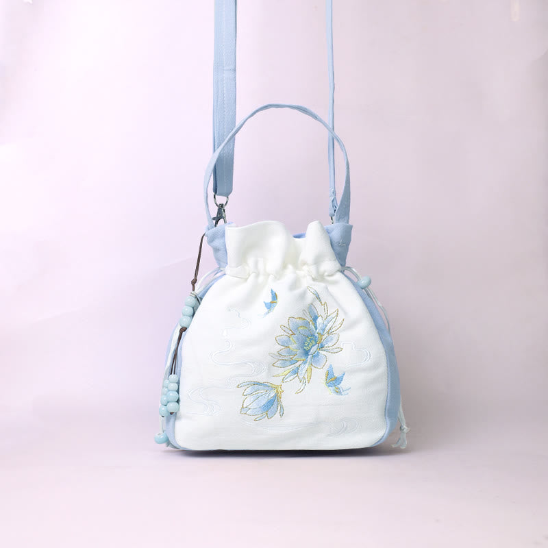 Sac fourre-tout en coton et lin brodé motif papillon et lotus 20 cm
