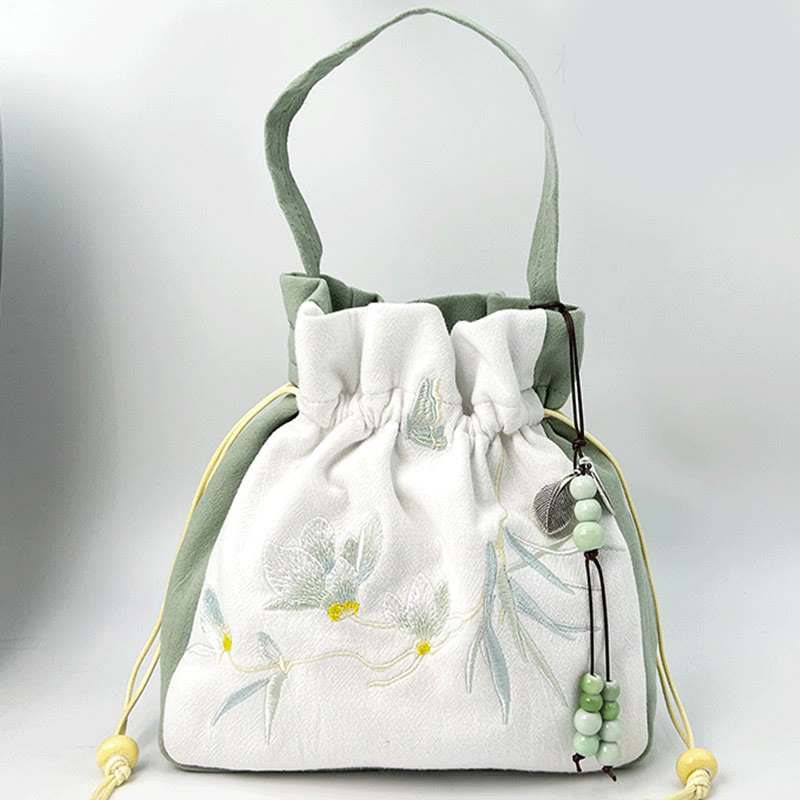 Sac fourre-tout en coton et lin brodé motif papillon et lotus 20 cm