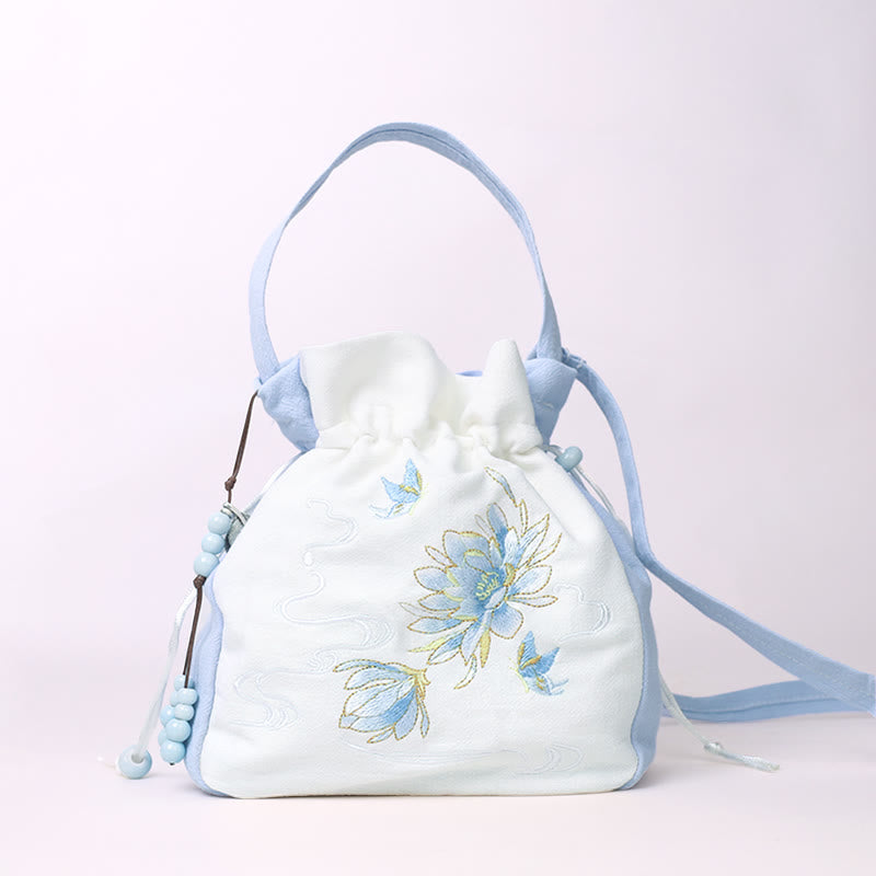 Sac fourre-tout en coton et lin brodé motif papillon et lotus 20 cm