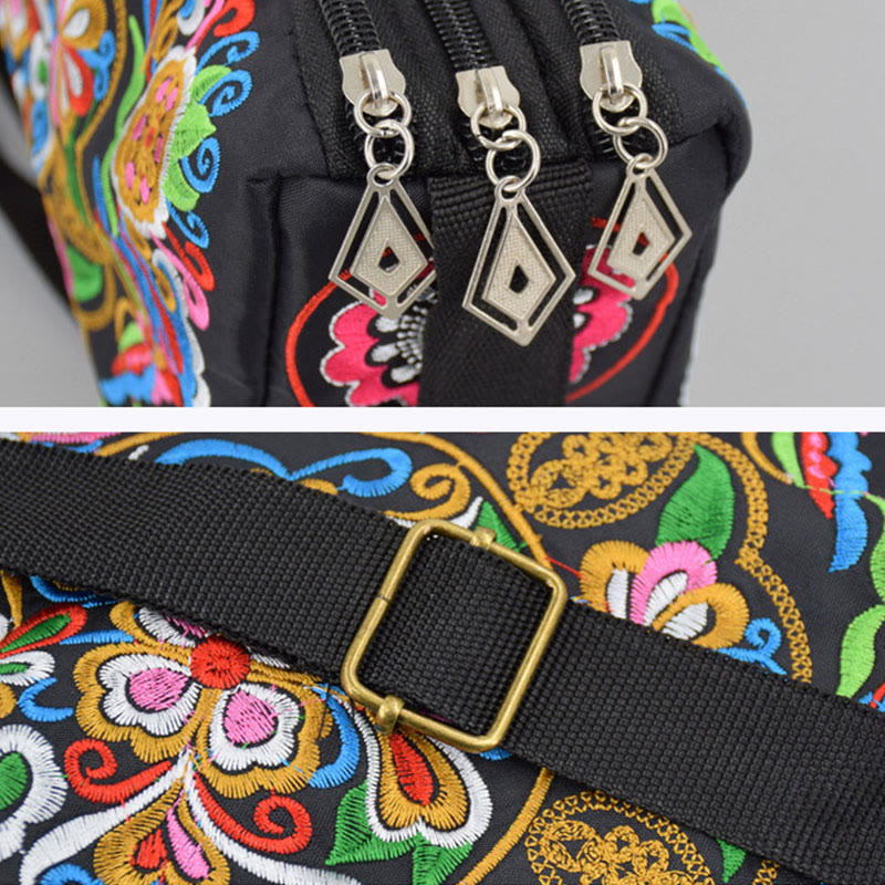 Sac bandoulière en toile brodée avec motifs pivoines et paons