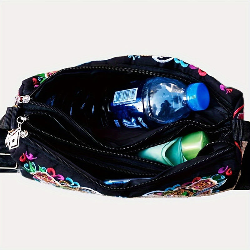 Sac bandoulière en toile brodée avec motifs pivoines et paons