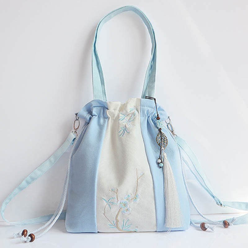 Sac fourre-tout en toile brodée de fleurs de cerisier 28 x 30 cm