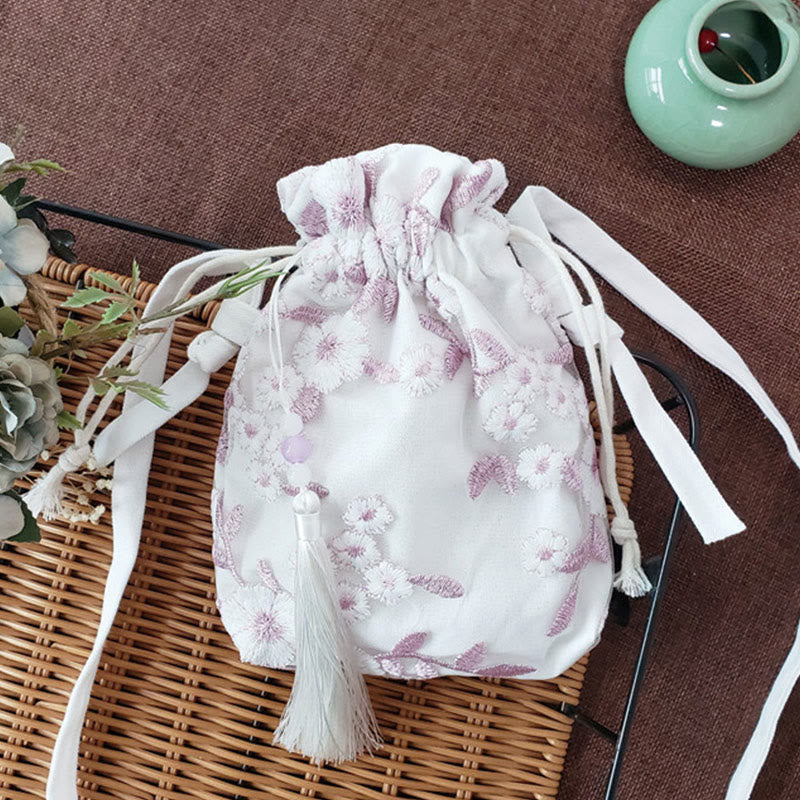 Sac bandoulière en toile brodée de fleurs de cerisier 15 x 22 cm