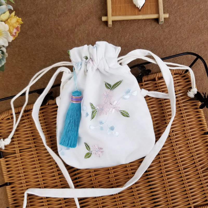 Sac bandoulière en toile brodée de fleurs de cerisier 15 x 22 cm