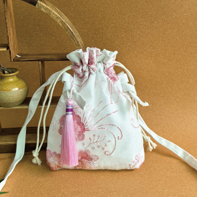 Sac bandoulière en toile brodée de fleurs de cerisier 15 x 22 cm