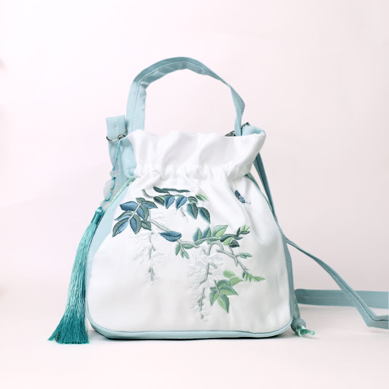 Sac fourre-tout en coton et lin brodé avec des fleurs de glycine