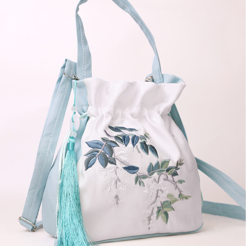Sac fourre-tout en coton et lin brodé avec des fleurs de glycine