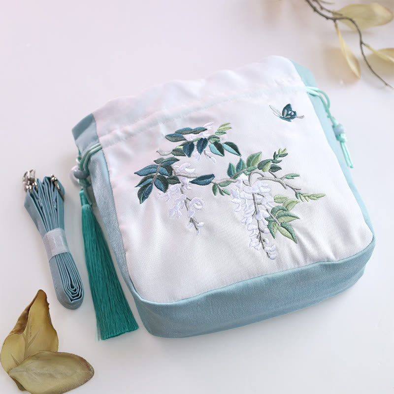 Sac fourre-tout en coton et lin brodé avec des fleurs de glycine