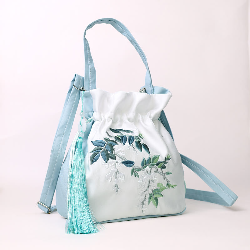 Sac fourre-tout en coton et lin brodé avec des fleurs de glycine