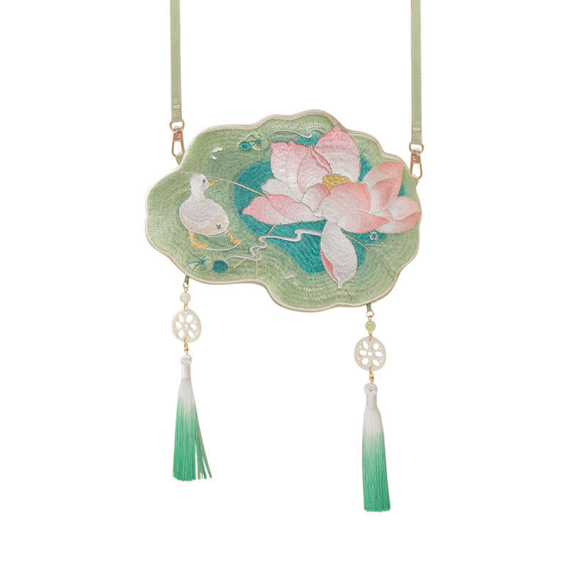 Sac bandoulière Hanfu brodé motif lotus, poisson koï, lapin