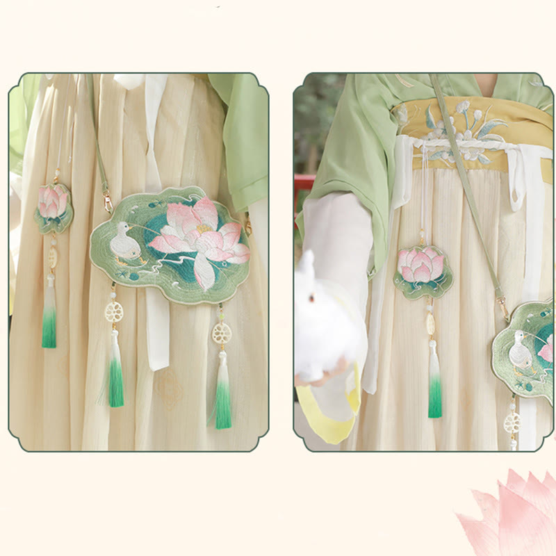 Sac bandoulière Hanfu brodé motif lotus, poisson koï, lapin
