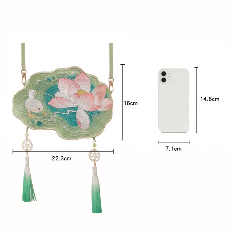 Sac bandoulière Hanfu brodé motif lotus, poisson koï, lapin
