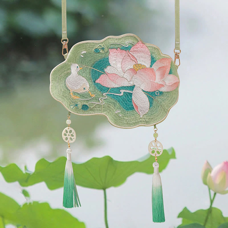 Sac bandoulière Hanfu brodé motif lotus, poisson koï, lapin