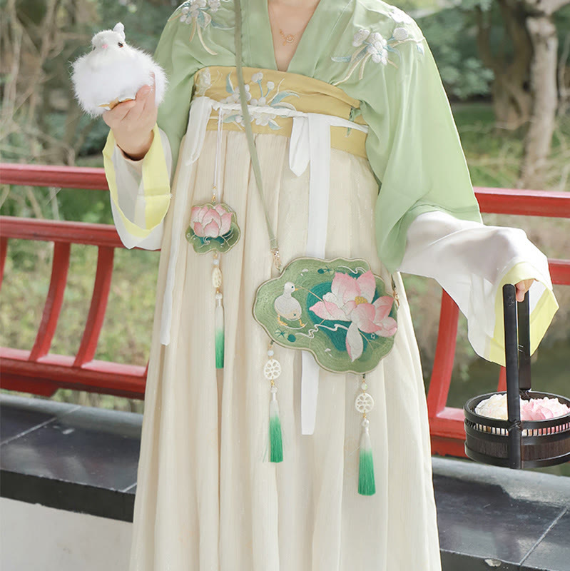 Sac bandoulière Hanfu brodé motif lotus, poisson koï, lapin