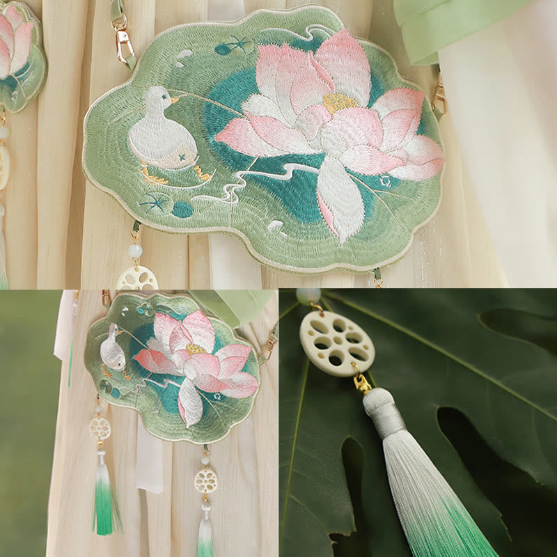 Sac bandoulière Hanfu brodé motif lotus, poisson koï, lapin