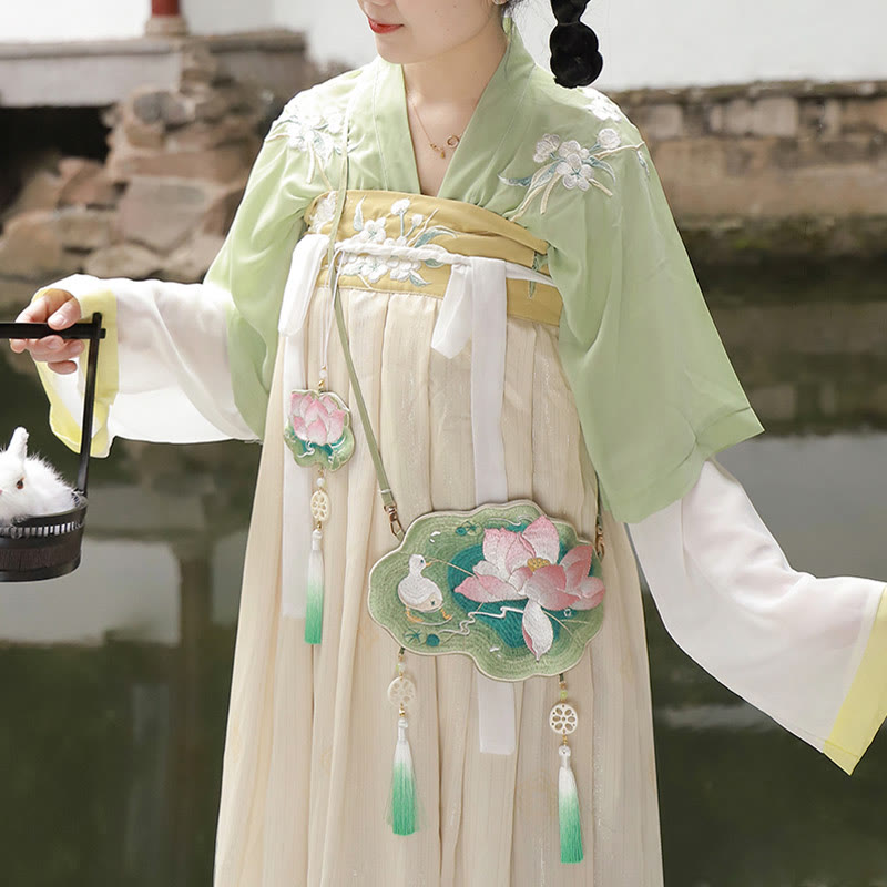 Sac bandoulière Hanfu brodé motif lotus, poisson koï, lapin