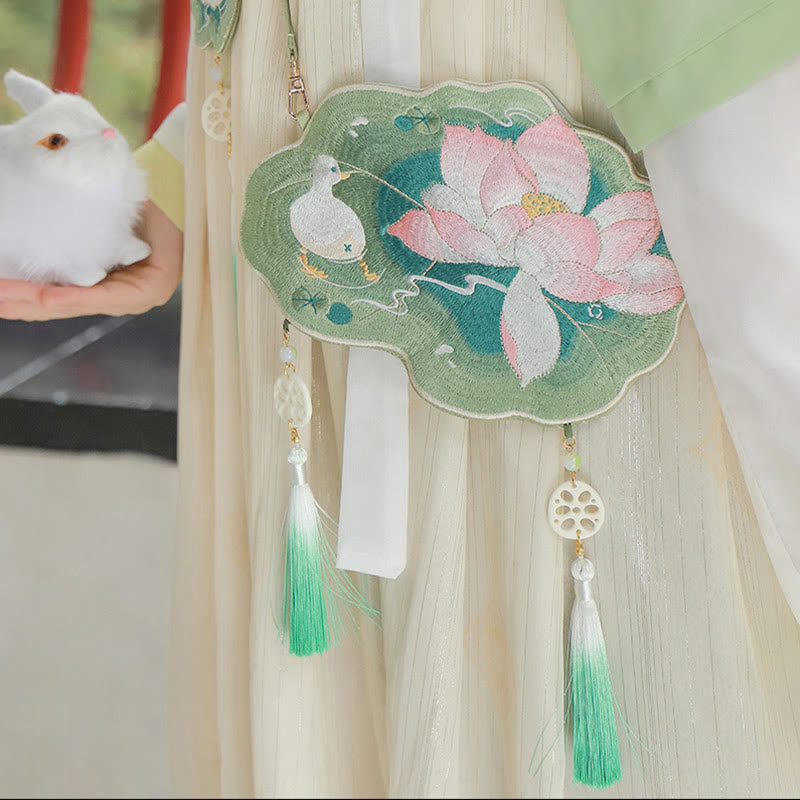 Sac bandoulière Hanfu brodé motif lotus, poisson koï, lapin