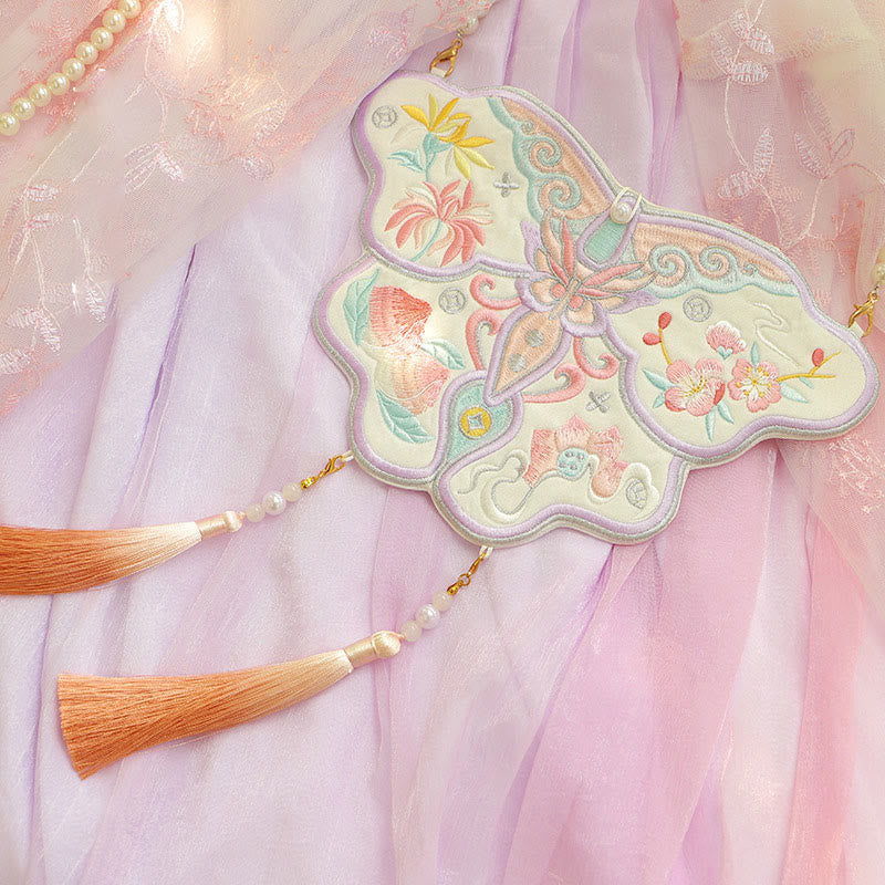 Sac bandoulière Hanfu brodé motif lotus, poisson koï, lapin