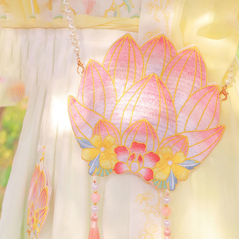 Sac bandoulière Hanfu brodé motif lotus, poisson koï, lapin