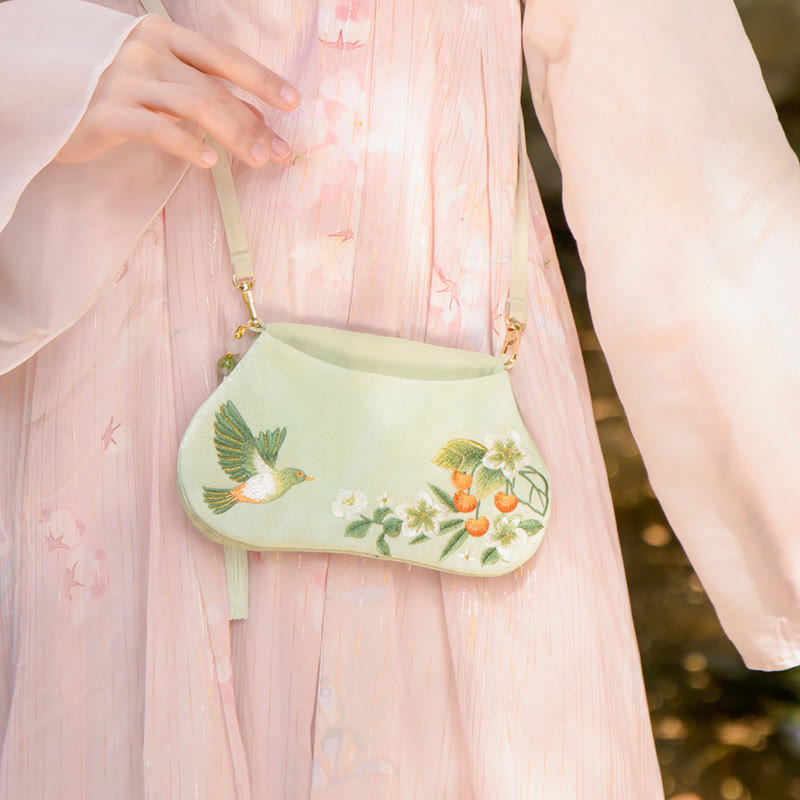 Sac bandoulière Hanfu brodé motif lotus, poisson koï, lapin