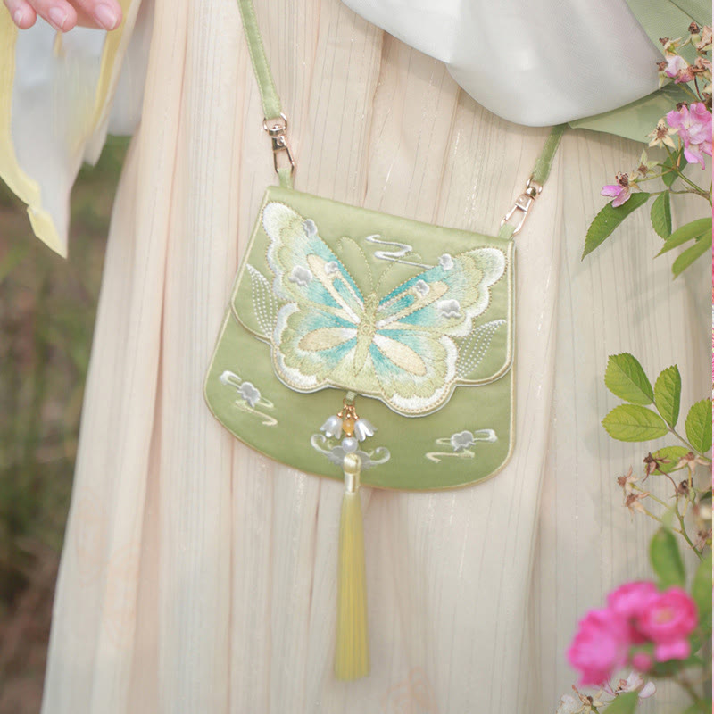 Sac bandoulière Hanfu brodé motif lotus, poisson koï, lapin