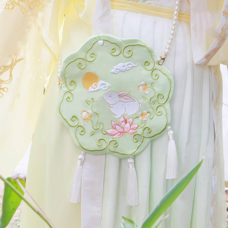 Sac bandoulière Hanfu brodé motif lotus, poisson koï, lapin