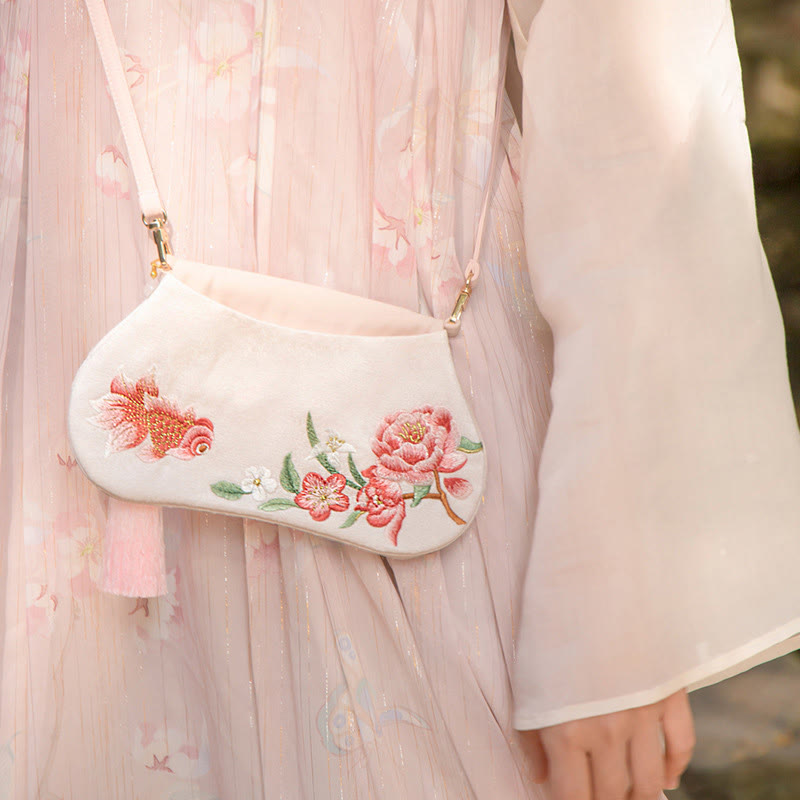 Sac bandoulière Hanfu brodé motif lotus, poisson koï, lapin