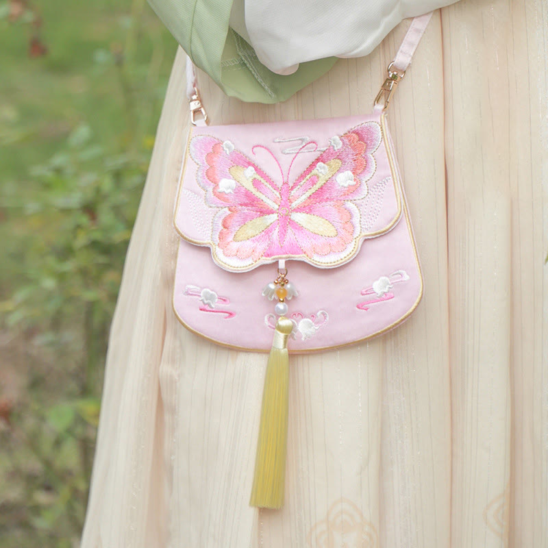 Sac bandoulière Hanfu brodé motif lotus, poisson koï, lapin