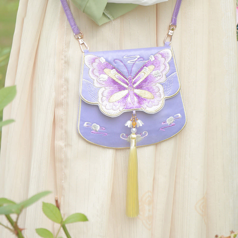 Sac bandoulière Hanfu brodé motif lotus, poisson koï, lapin