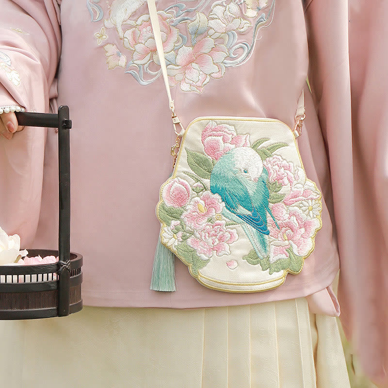 Sac bandoulière Hanfu brodé motif lotus, poisson koï, lapin