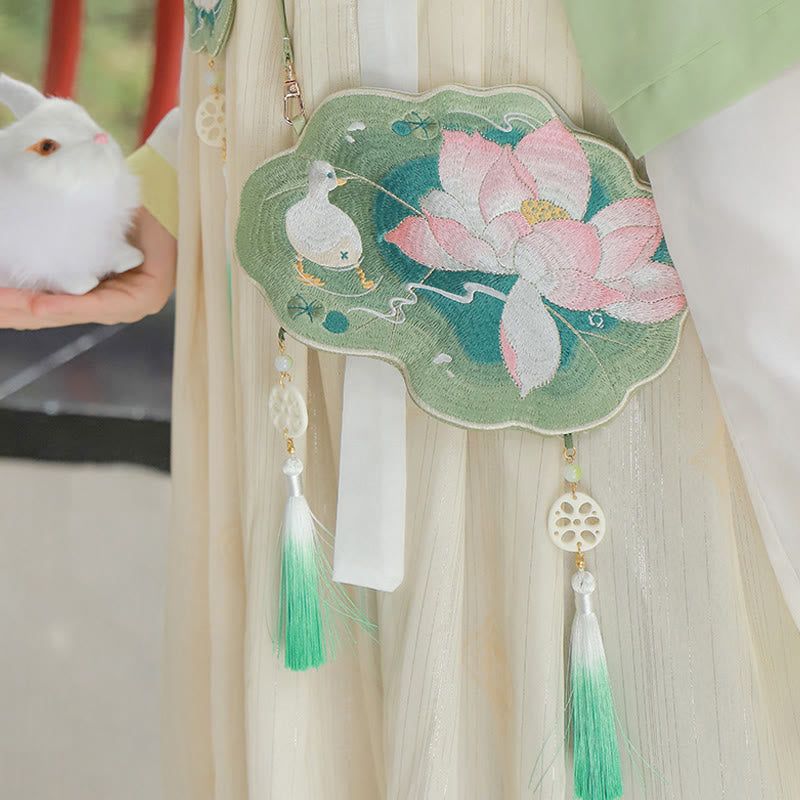 Sac bandoulière Hanfu brodé motif lotus, poisson koï, lapin