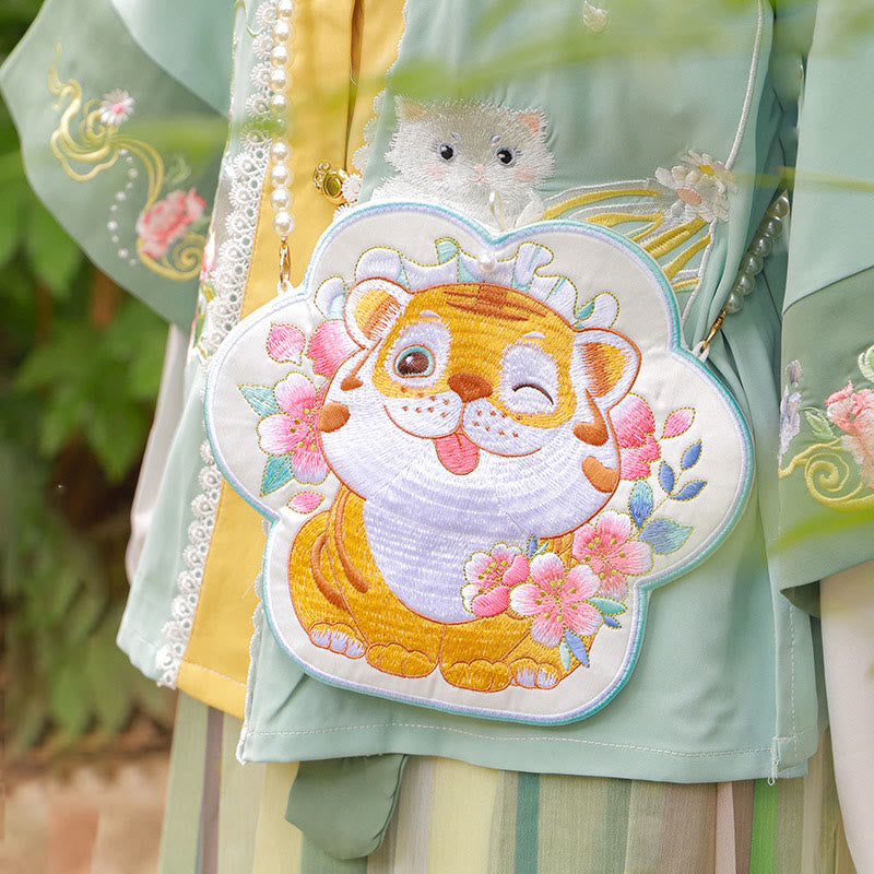 Sac bandoulière Hanfu brodé motif lotus, poisson koï, lapin