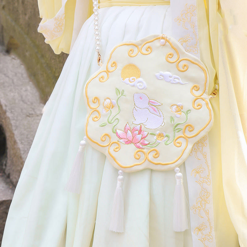 Sac bandoulière Hanfu brodé motif lotus, poisson koï, lapin