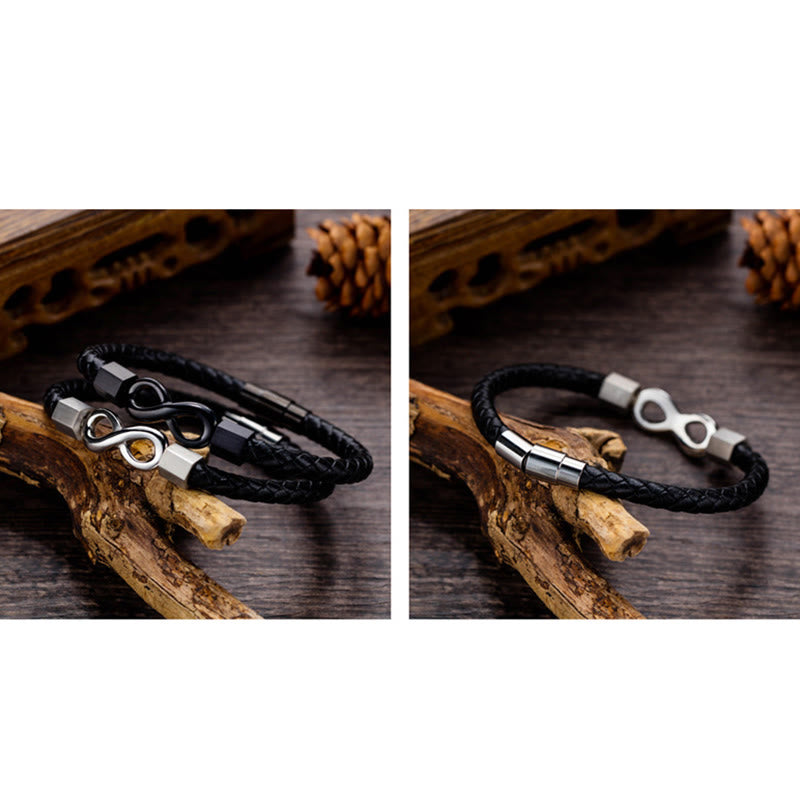 Bracelet d'équilibre spirituel en cuir et acier titane avec nœud sans fin
