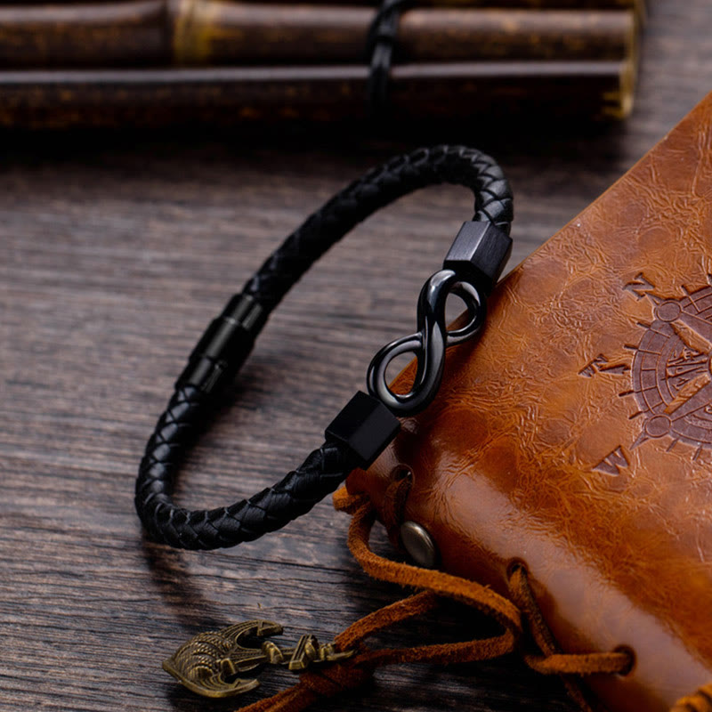 Bracelet d'équilibre spirituel en cuir et acier titane avec nœud sans fin