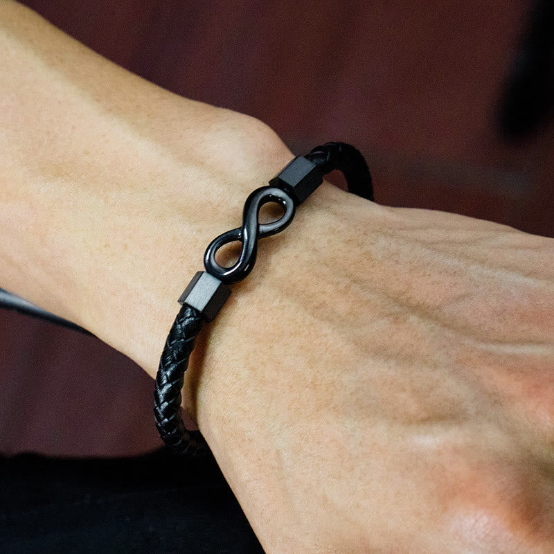 Bracelet d'équilibre spirituel en cuir et acier titane avec nœud sans fin