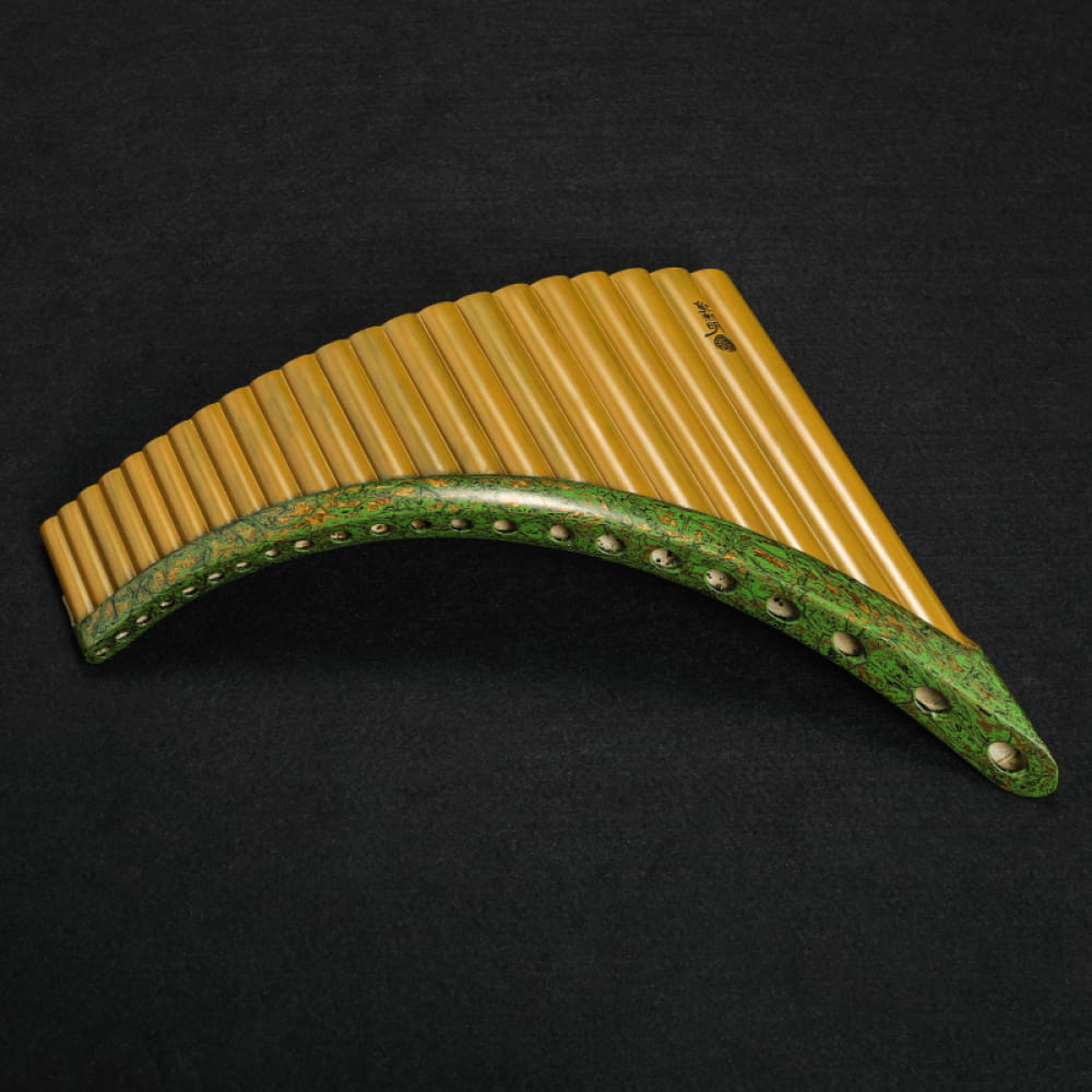 Curved bamboo pan flute with green accents in Expert Hand Painted Pan Flute design