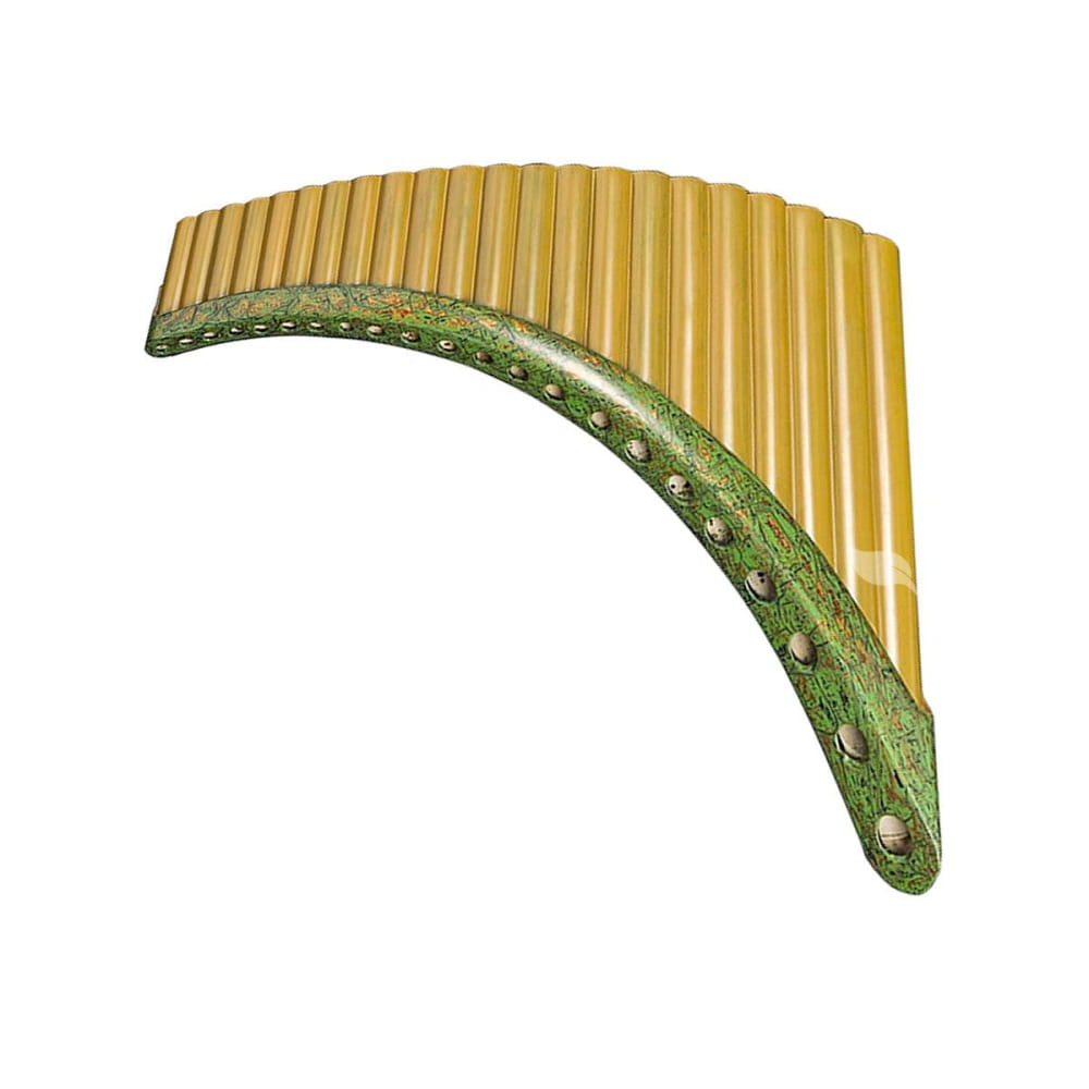 Curved bamboo pan flute with green decorative design, Expert Hand Painted Panpipes