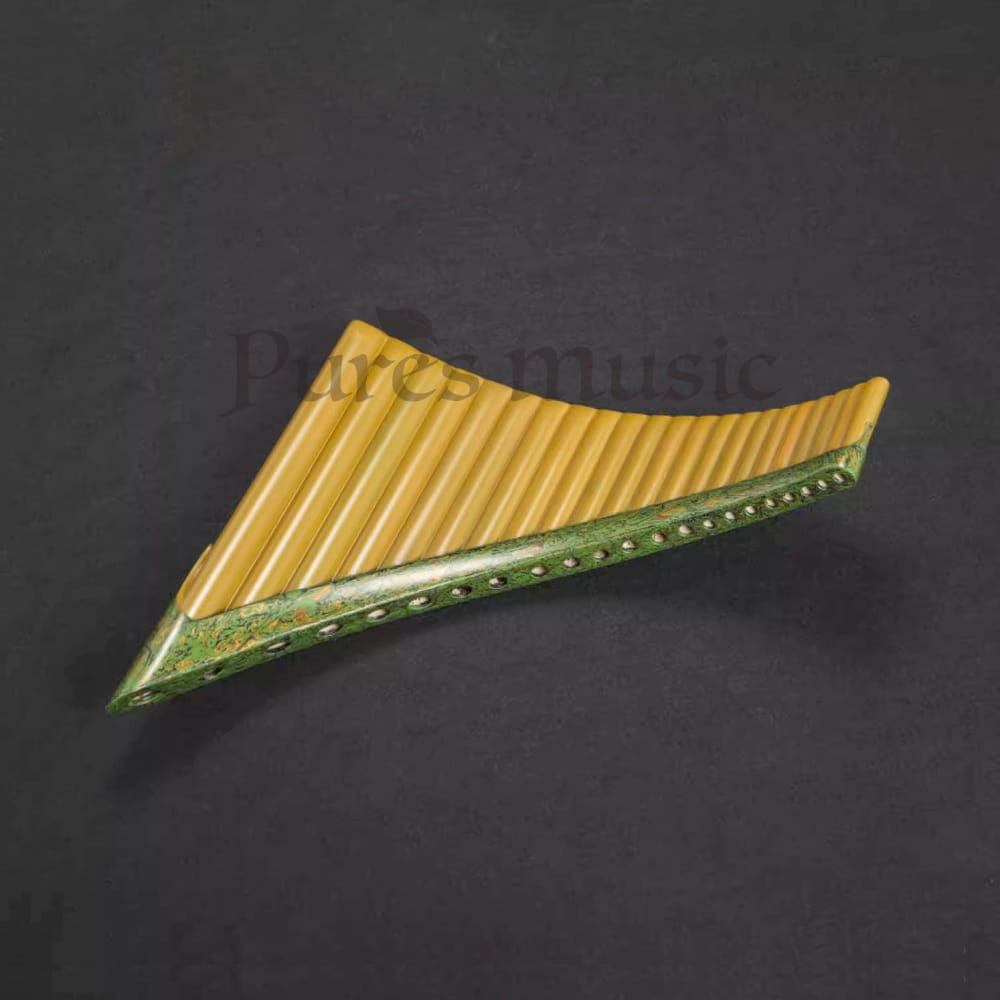 Expert Hand Painted Pan Flute with Bamboo Pipes and Green Decorative Base