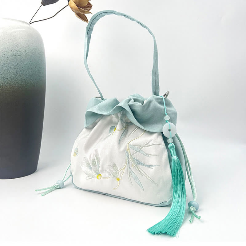 Silk Tote Bag | Embroidered Floral Yoga Carrier 20cm