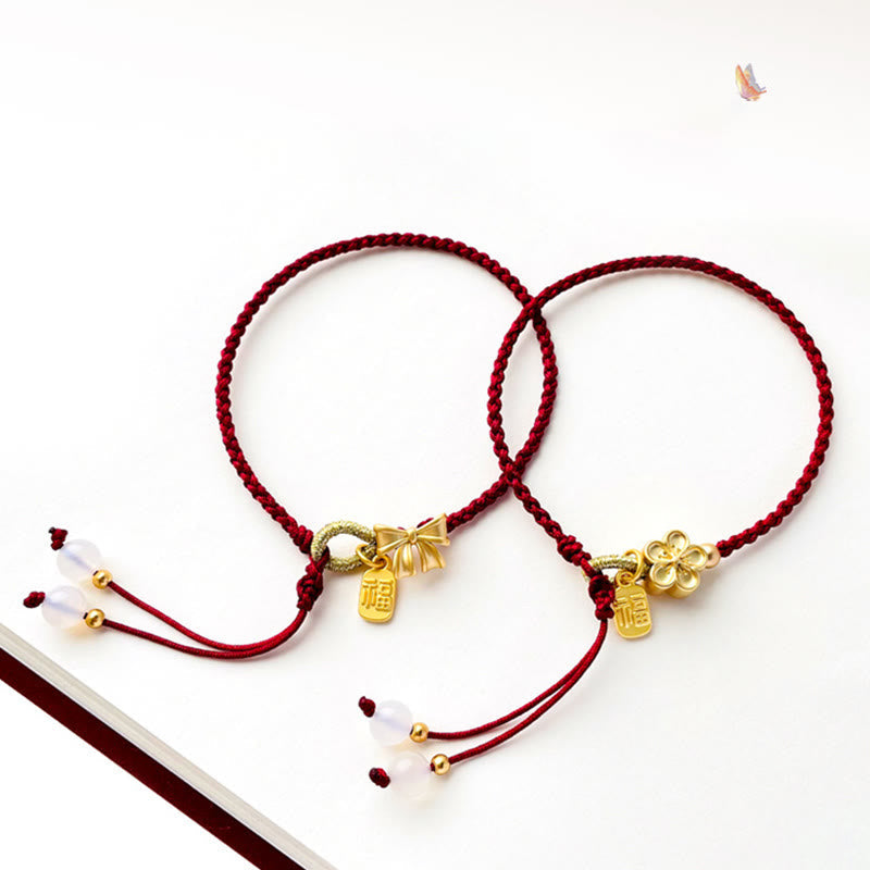 Red String Bracelet with Fu Character Charm and Peach Blossom Detail